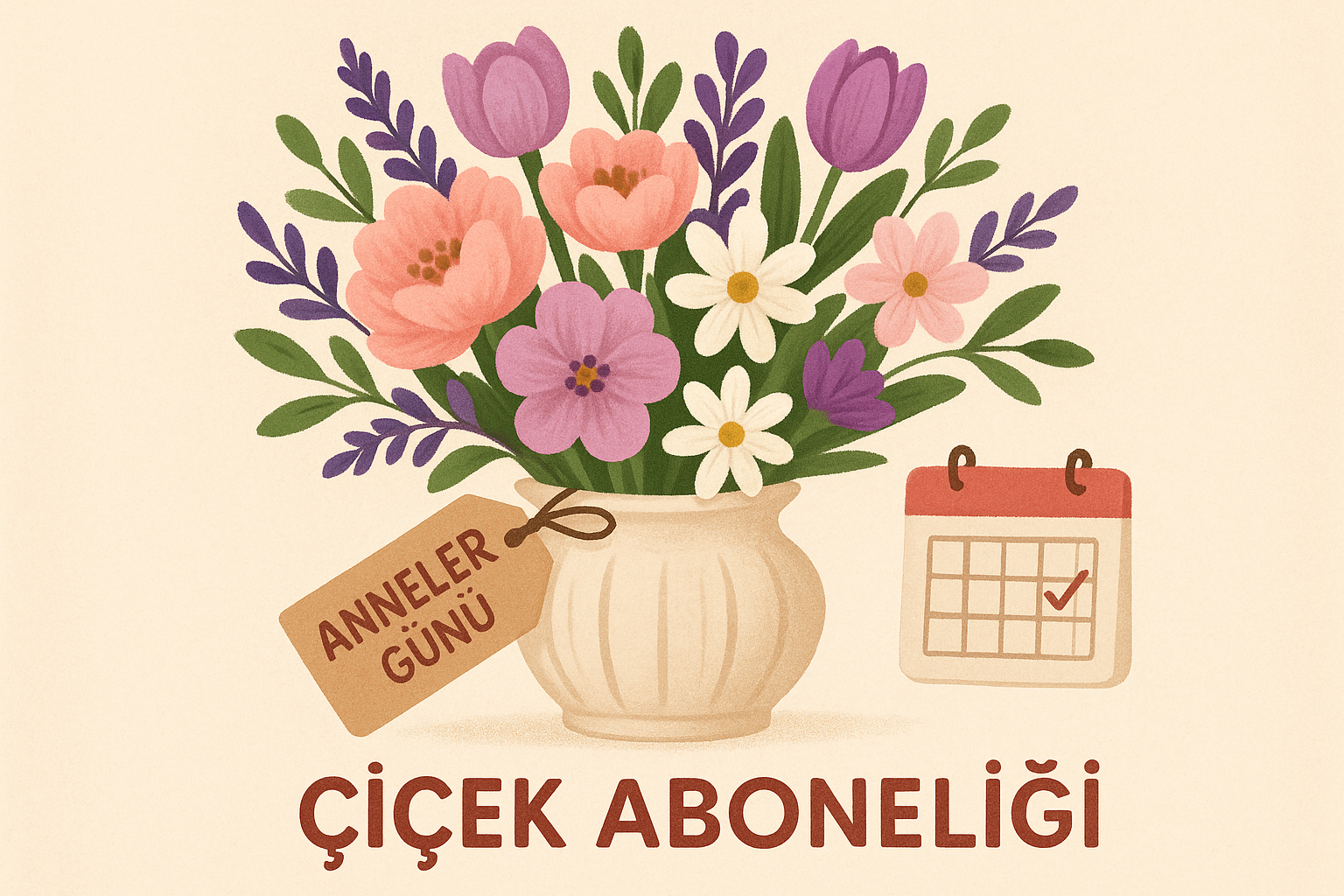 Mother's Day Flower Subscription illustration showing a beautiful arrangement of seasonal flowers in a stylish vase with "Anneler Günü" gift tag and subscription calendar elements